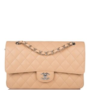 Chanel Beige Quilted Caviar Medium Classic Double Flap Bag Silver Hardware