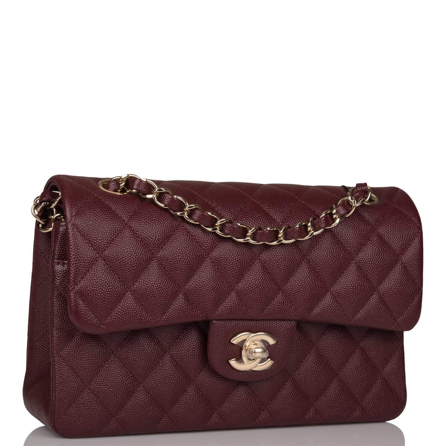 Chanel Burgundy Quilted Caviar Small Classic Double Flap Bag Light Gold Hardware - Image 9