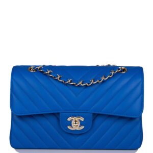 Chanel Blue Chevron Caviar Small Classic Double Flap Bag Light Gold Hardware