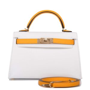 Hermes Horseshoe Stamp (HSS) White and Jaune D’Or Epsom Sellier Kelly 20cm Permabrass Hardware